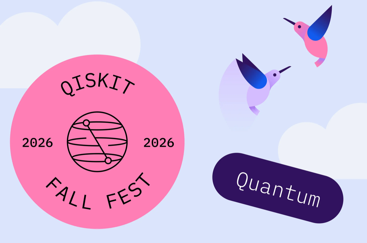 Qiskit Fall Fest 2026 artwork: the Fall Fest badge beside two hummingbirds and clouds.