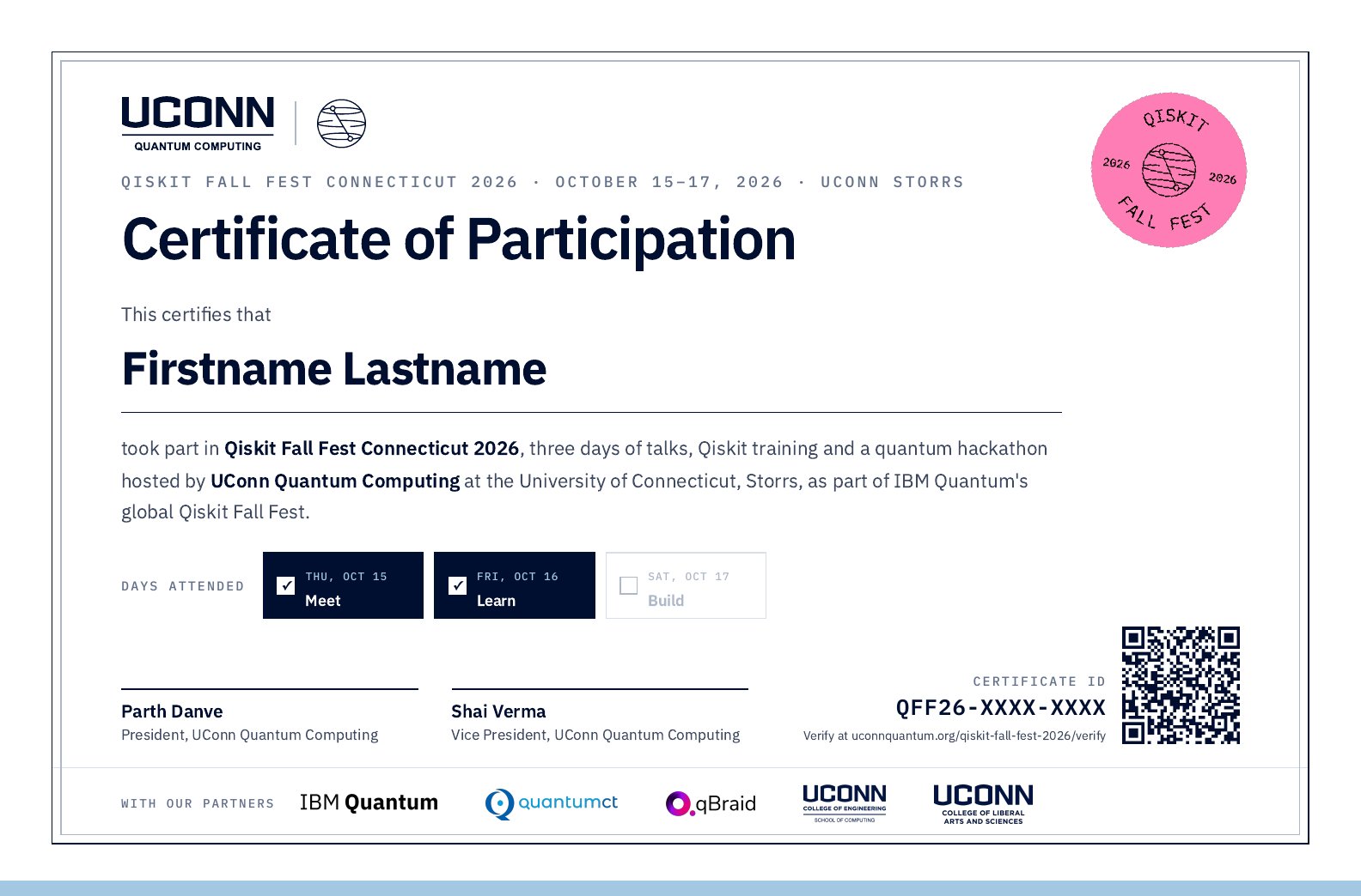 Sample Qiskit Fall Fest Connecticut 2026 Certificate of Participation. The certificate ID, QFF26-XXXX-XXXX, and a QR code sit at the bottom right.